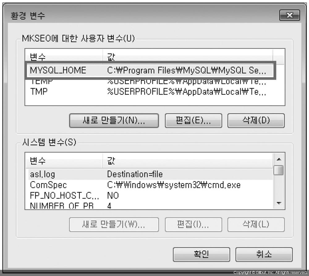 그림 4-13 MYSQL_HOME 사용자 변수 추가 화면